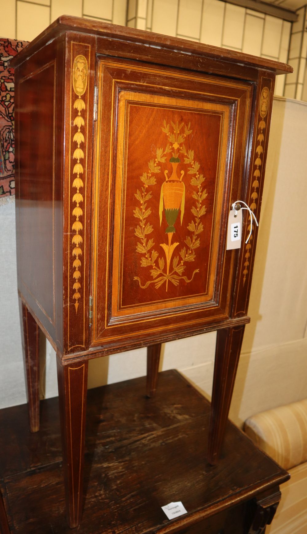 An Edwardian marquetry inlaid mahogany bedside cabinet, W.40cm, D.33cm, H.82cm